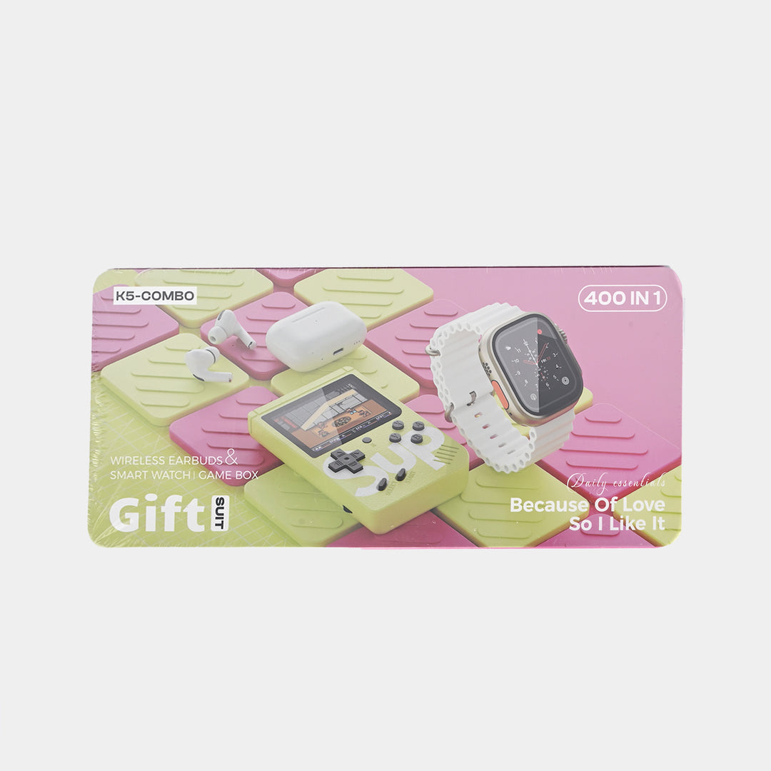K5 Combo Pack – Smartwatch Ultra, Wireless Earbuds & Retro Gaming Console